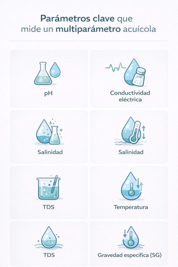 Parámetros clave que mide un multiparámetro acuícola pH, salinidad, conductividad, TDS y temperatura